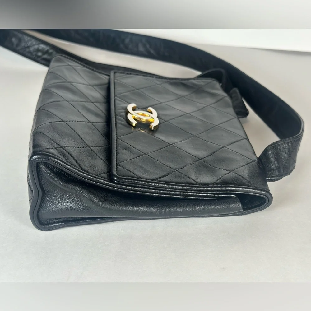 Authentic CHANEL Black Quilted Leather Crossbody Vintage